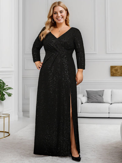 Grande taille Robe de soirée scintillante à manches longues et col en V double #Couleur_Noir