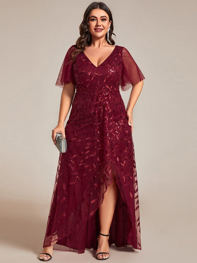 Robes de soirée pailletées à fente haute et col en V de grande taille #Couleur_Bordeaux