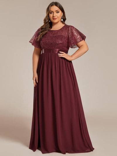 Robe de soirée à manches courtes et col rond à sequins taille haute de grande taille #Couleur_Bordeaux