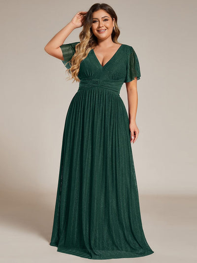 Robe de soirée formelle scintillante à manches courtes et col en V de grande taille #Couleur_Vert Fonce