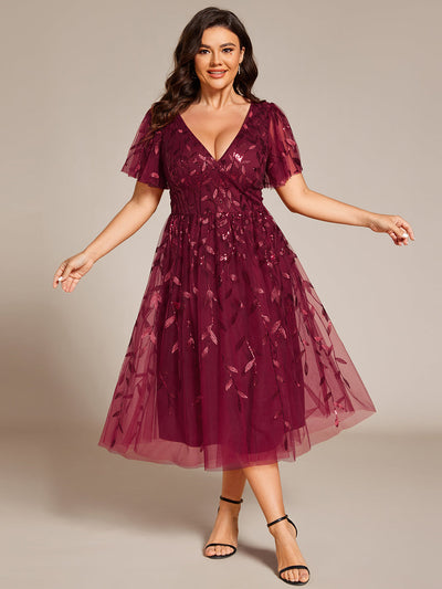 Robe d'invité de mariage formelle en tulle mi-longue scintillante de grande taille avec paillettes de feuilles #Couleur_Bordeaux