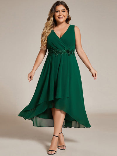 Robe d'invité de mariage haute-basse en mousseline de soie sans manches de grande taille avec applique à la taille #Couleur_Vert Fonce