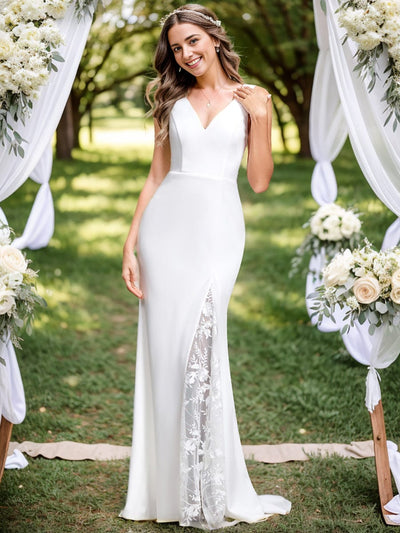 Robe de mariée sirène en polyester sans manches avec dos en dentelle #Couleur_Blanc