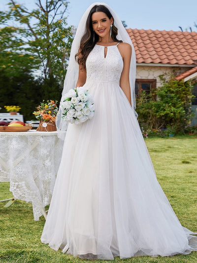 Robe de mariée trapèze en tulle à col licou avec appliques #Couleur_Ivory