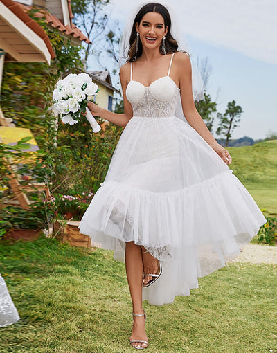 Robe de mariée haut-bas avec corset chérie et bretelles spaghetti #Couleur_Ivory