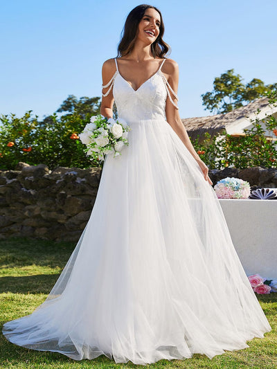 Robe de mariée brodée à col en V et bretelles perlées avec ligne A #Couleur_Blanc