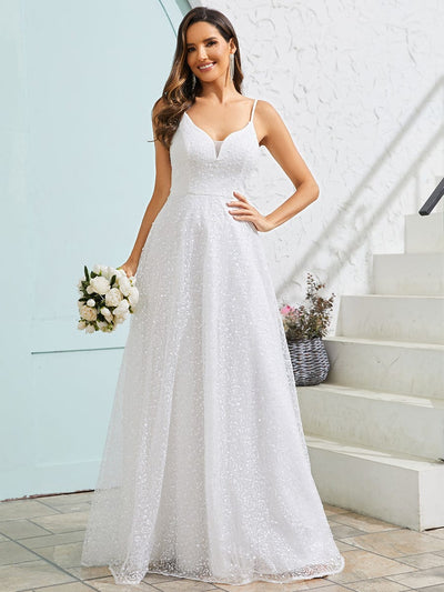 Robe de mariée en tulle à paillettes col en V sans manches dos nu #Couleur_Blanc